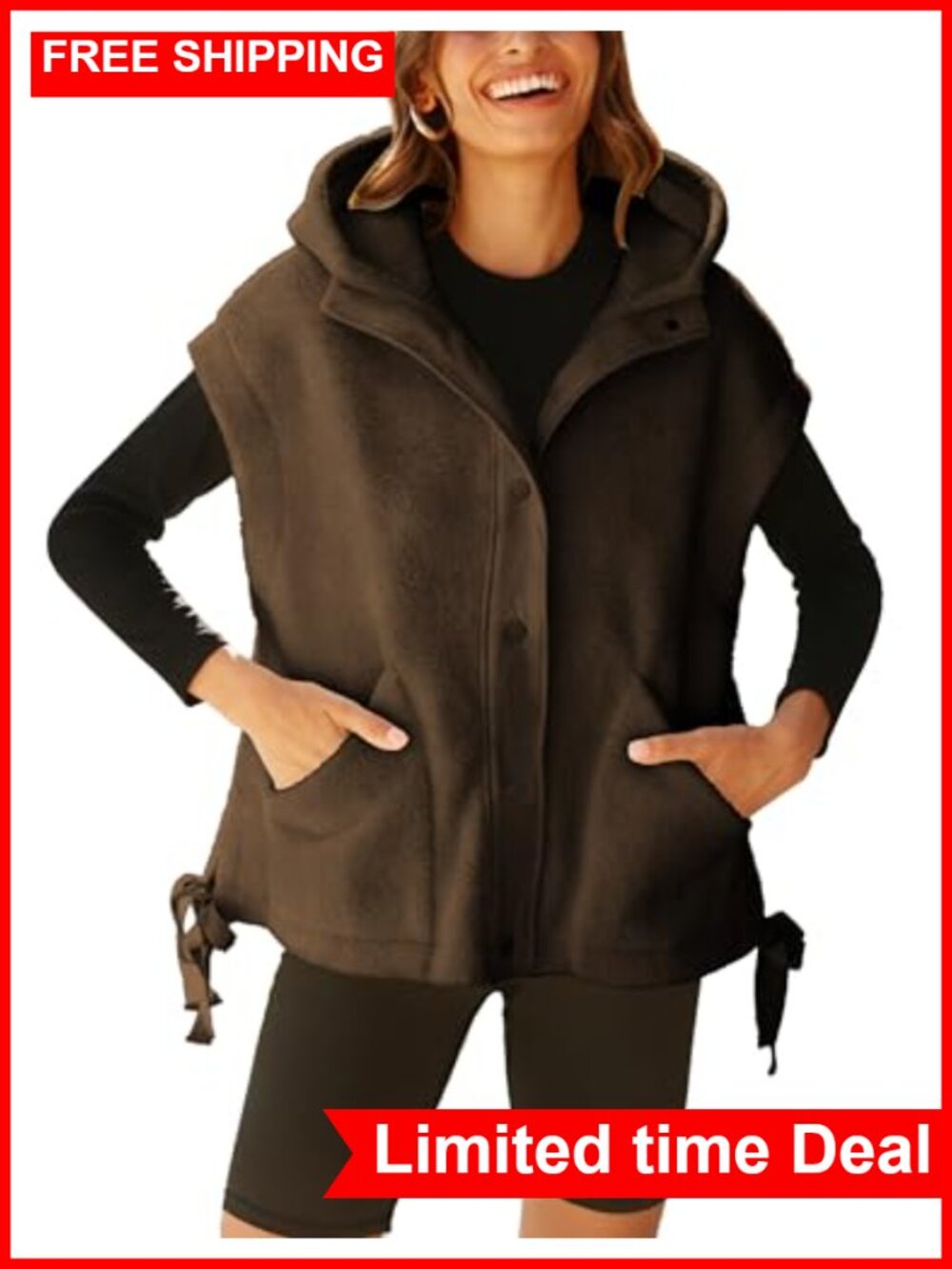 Sherpa Fleece Hooded Vest Women Oversized Sleeveless Button Snap